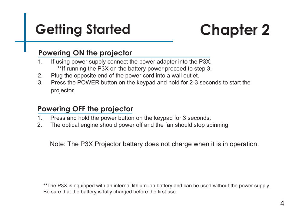Chapter 2, Getting started | AAXA Technologies P3X User Manual | Page 7 / 36