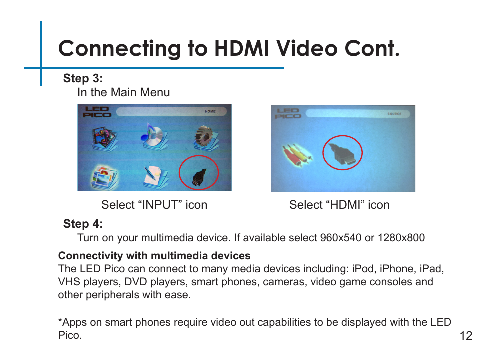 Connecting to hdmi video cont | AAXA Technologies LED Pico User Manual | Page 14 / 39