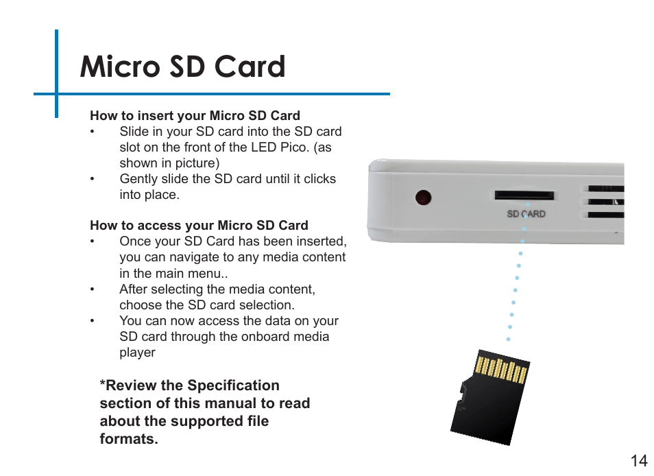 Micro sd card | AAXA Technologies LED Pico User Manual | Page 16 / 39