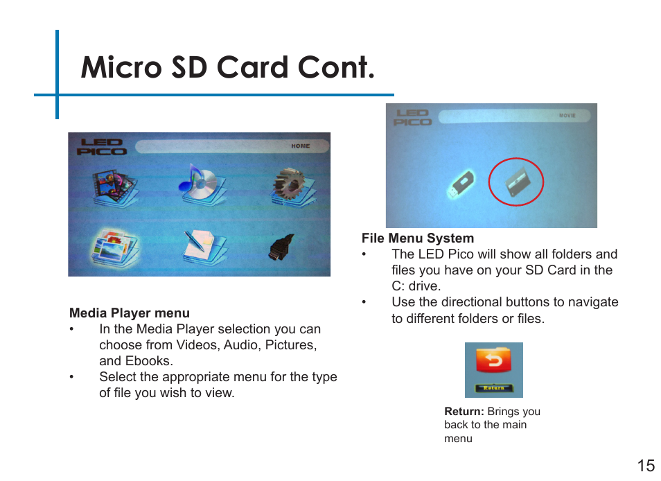 Micro sd card cont | AAXA Technologies LED Pico User Manual | Page 17 / 39