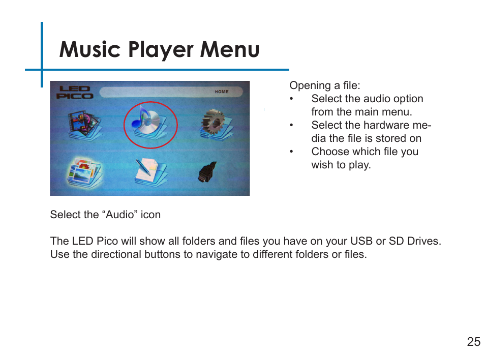 Music player menu | AAXA Technologies LED Pico User Manual | Page 27 / 39