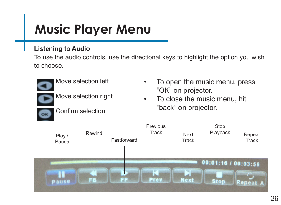 Music player menu | AAXA Technologies LED Pico User Manual | Page 28 / 39