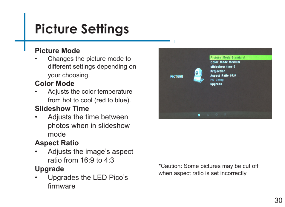 Picture settings | AAXA Technologies LED Pico User Manual | Page 32 / 39