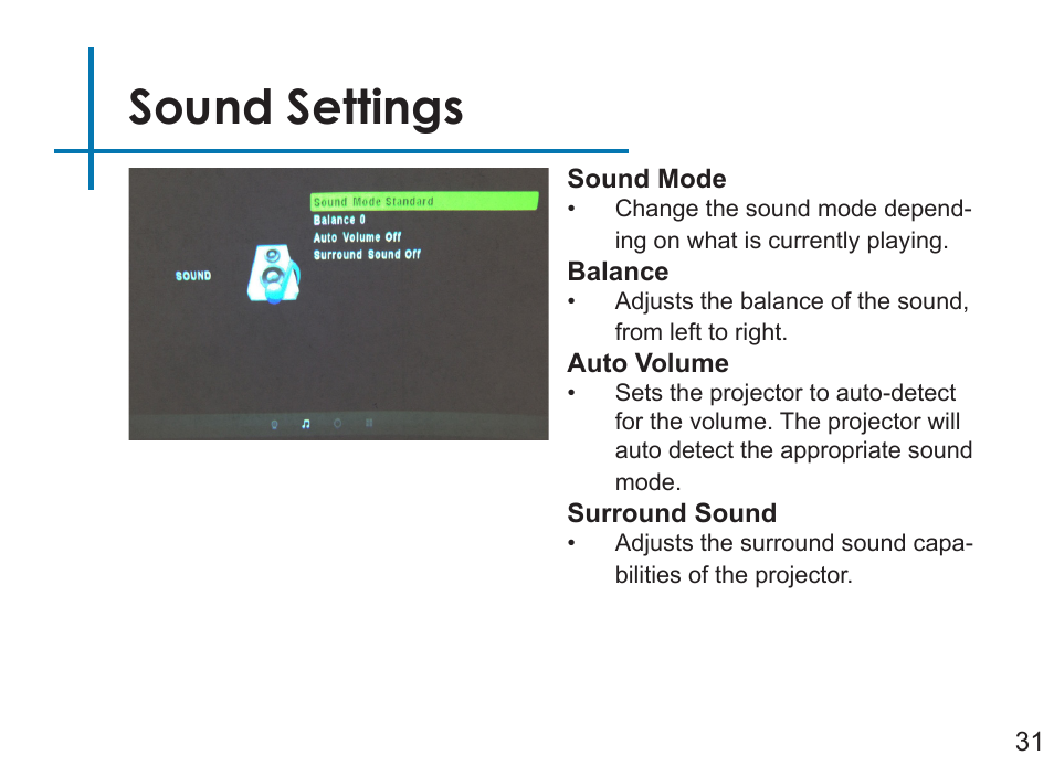 Sound settings | AAXA Technologies LED Pico User Manual | Page 33 / 39
