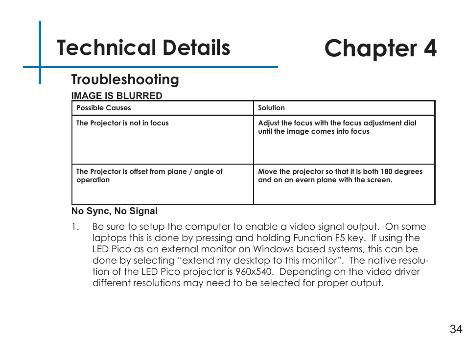 Chapter 4, Technical details, Troubleshooting | AAXA Technologies LED Pico User Manual | Page 36 / 39