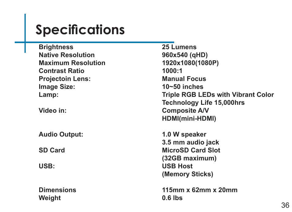 Specifications | AAXA Technologies LED Pico User Manual | Page 38 / 39