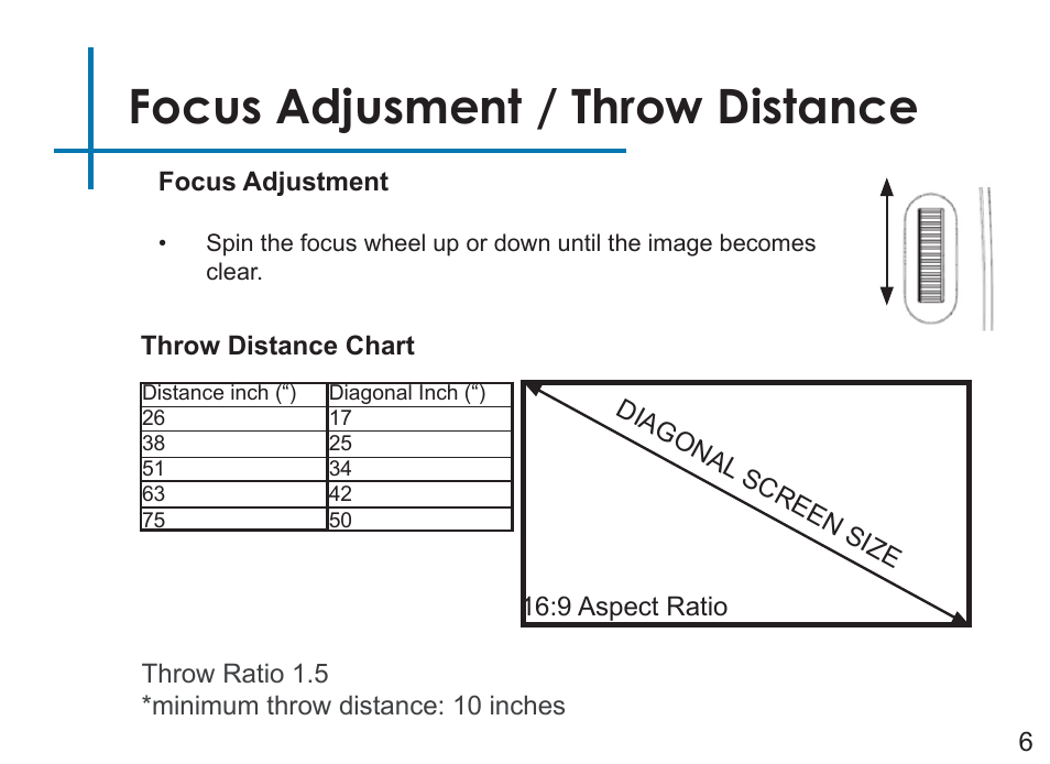 Focus adjusment / throw distance | AAXA Technologies LED Pico User Manual | Page 8 / 39