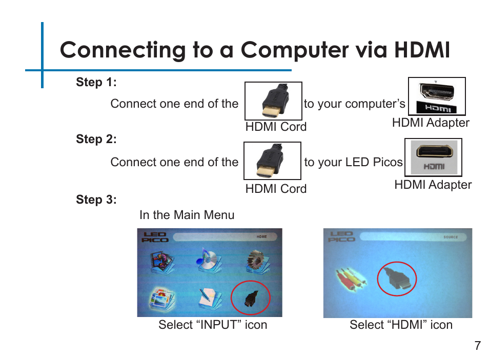 Connecting to a computer via hdmi | AAXA Technologies LED Pico User Manual | Page 9 / 39