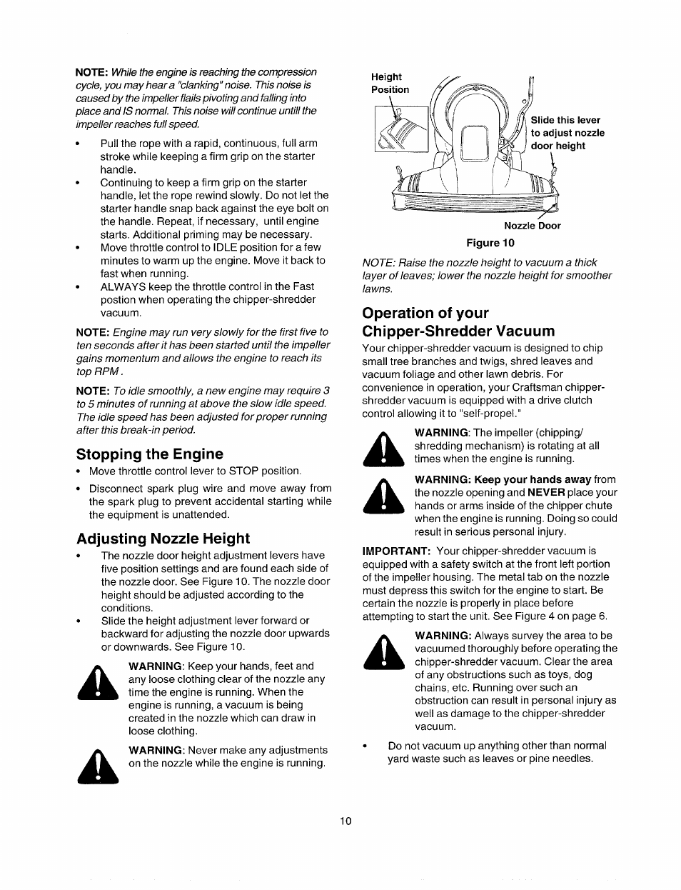 Stopping the engine, Adjusting nozzle height, Operation of your chipper-shredder vacuum | Bolens 247.77763 User Manual | Page 10 / 48