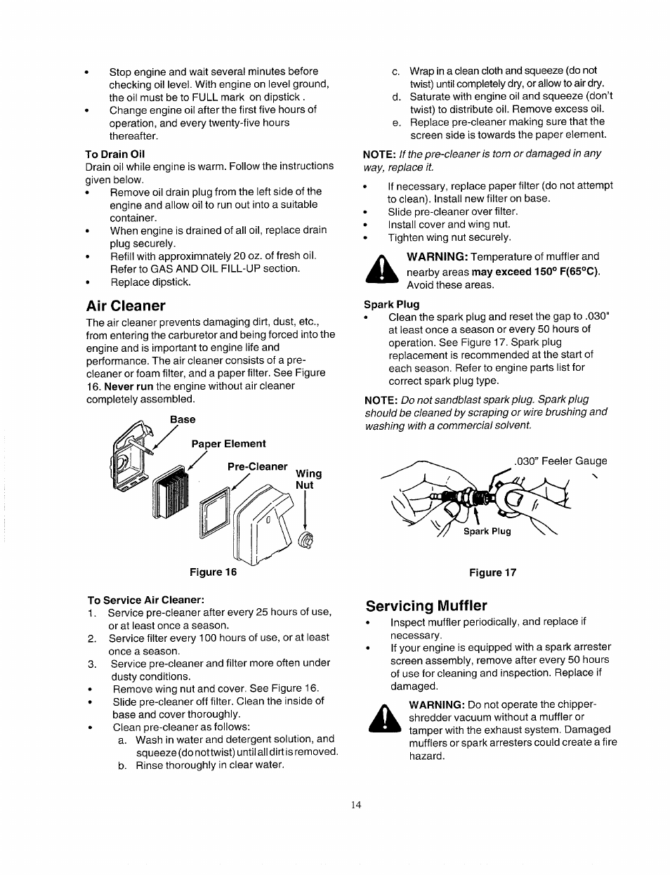 Air cleaner, Servicing muffler | Bolens 247.77763 User Manual | Page 14 / 48