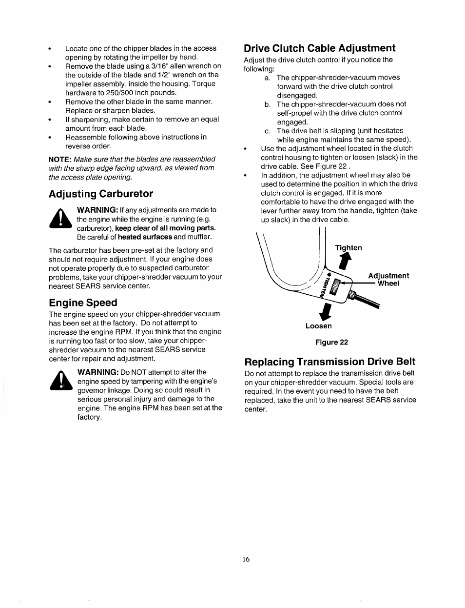 Adjusting carburetor, Engine speed, Drive clutch cable adjustment | Replacing transmission drive belt | Bolens 247.77763 User Manual | Page 16 / 48