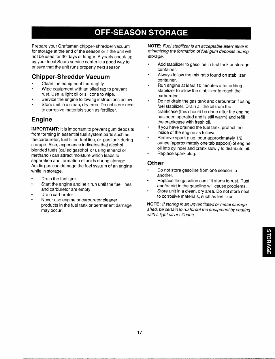 Chipper-shredder vacuum, Engine, Other | Off-season storage | Bolens 247.77763 User Manual | Page 17 / 48
