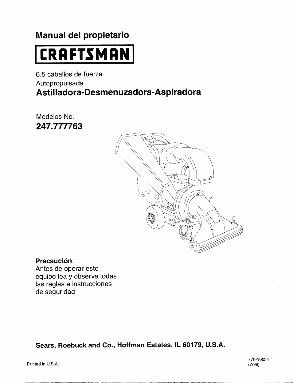 Manual del propietario, Astiiladora-desmenuzadora-aspiradora, Precaución | Bolens 247.77763 User Manual | Page 31 / 48
