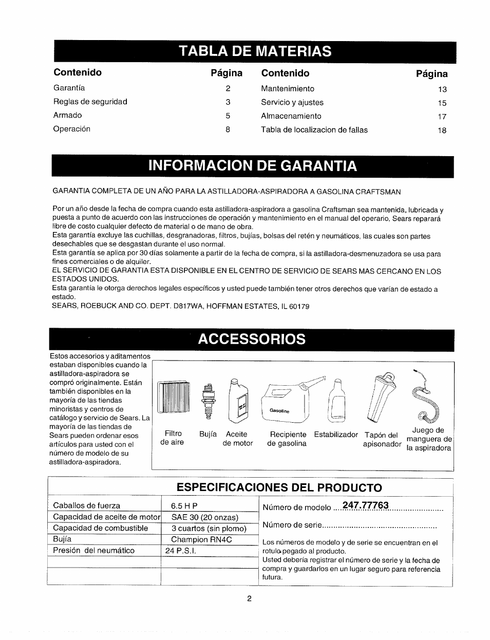 Especificaciones del producto, Tabla de materias, Informacion de garantia | Accessorios | Bolens 247.77763 User Manual | Page 32 / 48