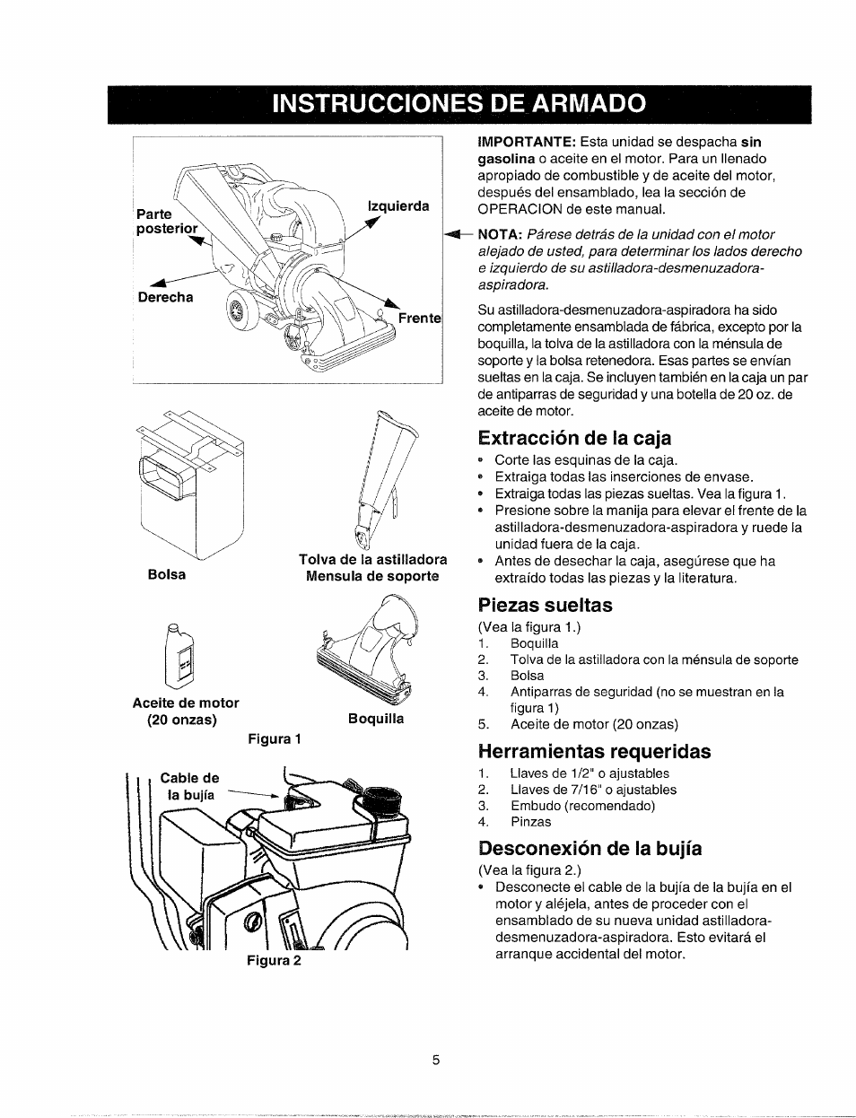 Extracción de la caja, Piezas sueltas, Herramientas requeridas | Desconexión de la bujía, Instrucciones de armado | Bolens 247.77763 User Manual | Page 35 / 48