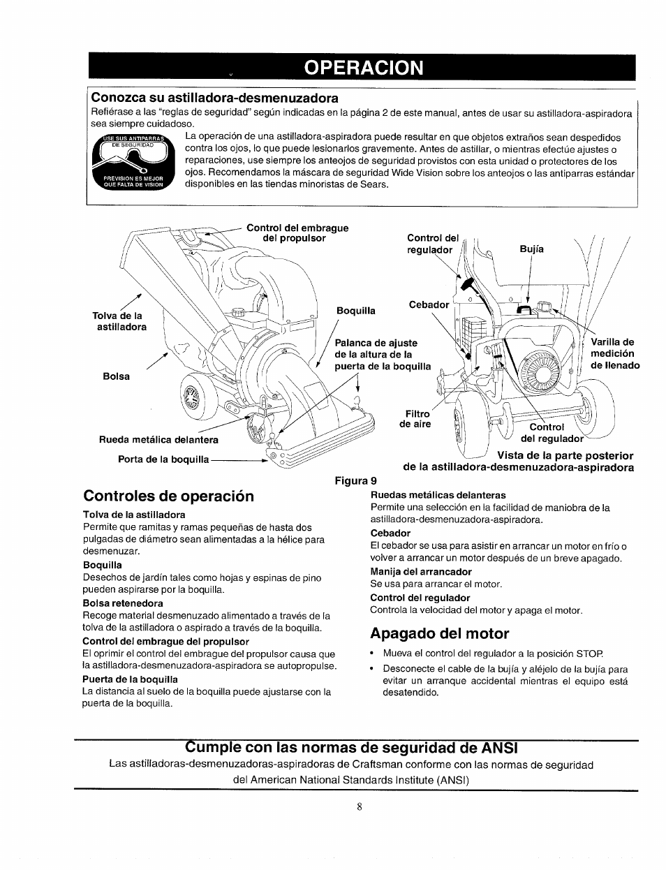 Controles de operación, Apagado del motor, Cumple con las normas de seguridad de ansi | Operacion | Bolens 247.77763 User Manual | Page 38 / 48