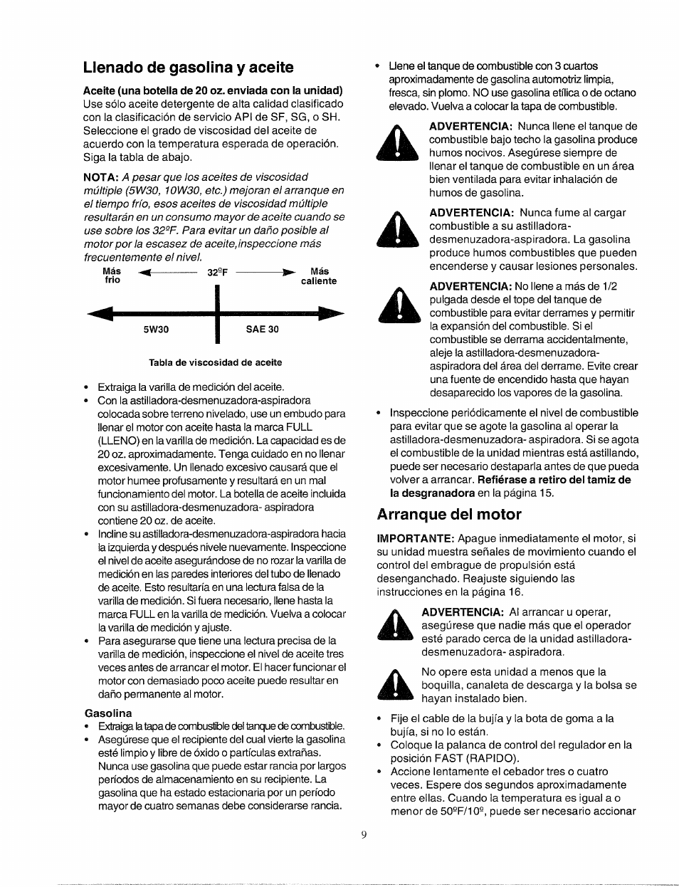 Llenado de gasolina y aceite, Arranque del motor | Bolens 247.77763 User Manual | Page 39 / 48