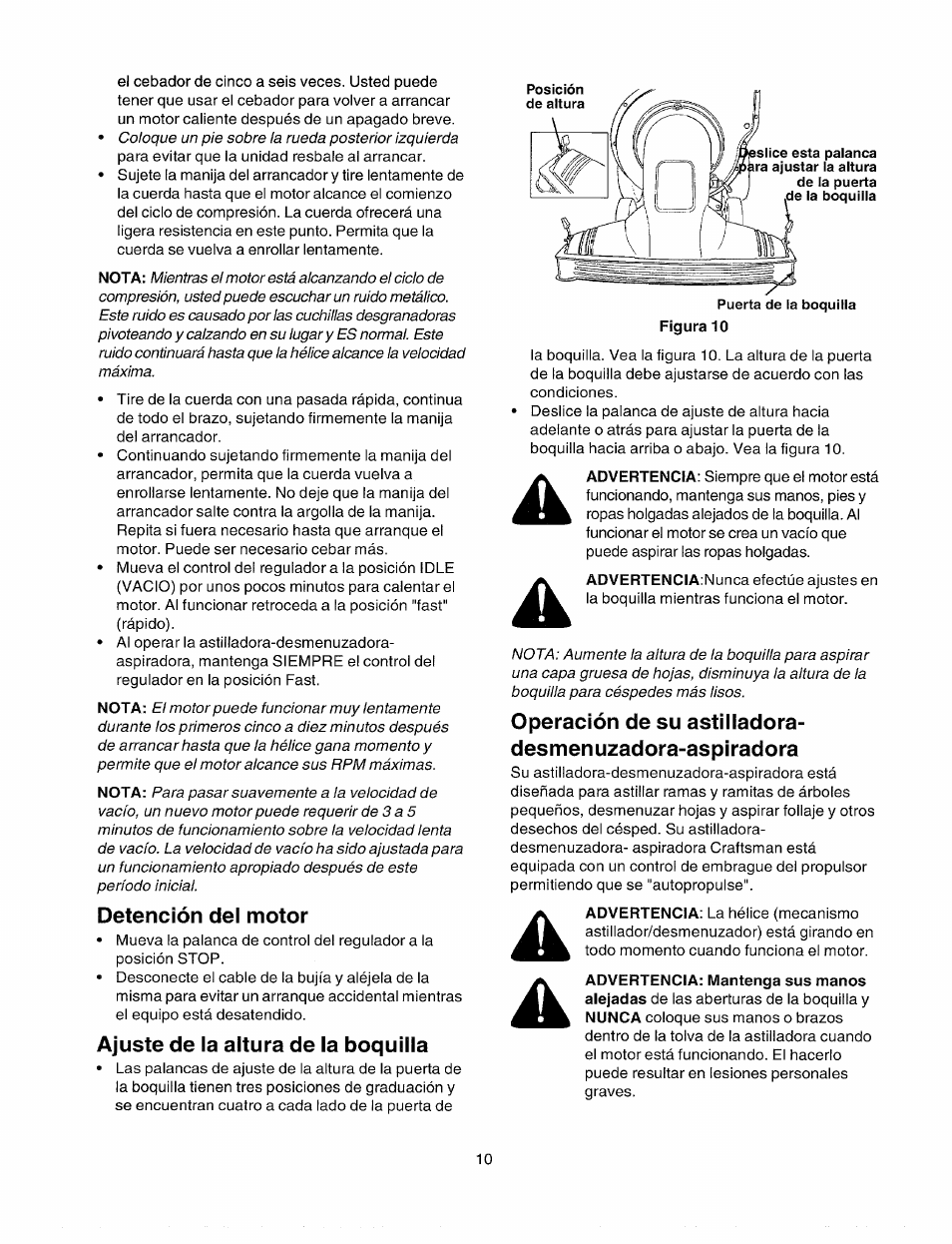 Detención del motor, Ajuste de la altura de la boquilla | Bolens 247.77763 User Manual | Page 40 / 48