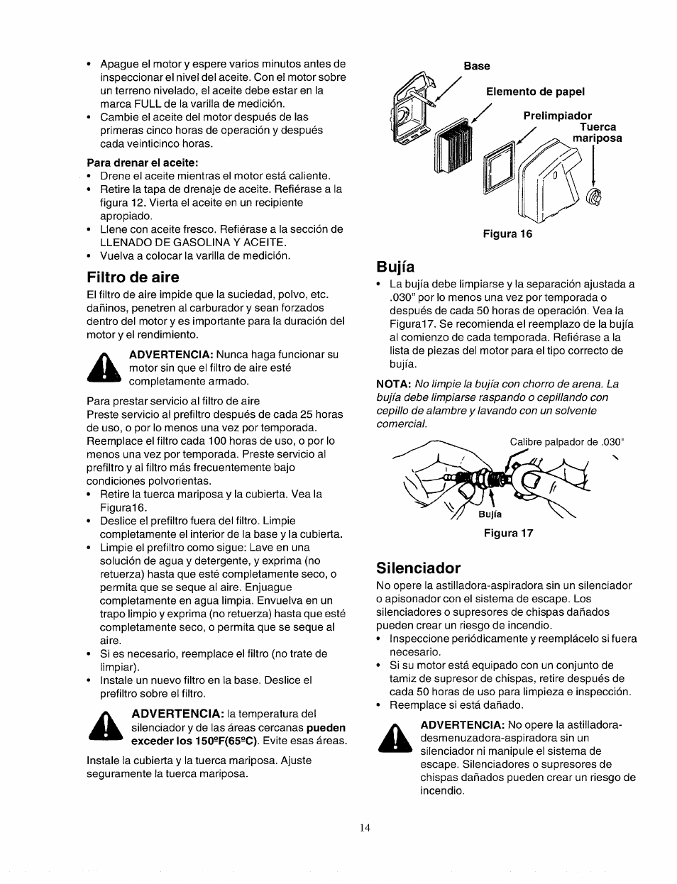 Filtro de aire, Bujía, Silenciador | Bolens 247.77763 User Manual | Page 44 / 48