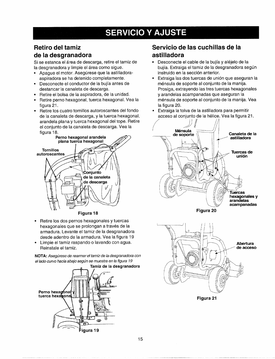 Retiro del tamiz de la desgranadora, Servicio de las cuchillas de la astiiladora, Servicio y ajuste | Bolens 247.77763 User Manual | Page 45 / 48