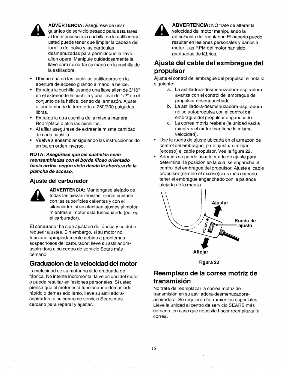 Graduación de la velocidad del motor, Ajuste del cable del exmbrague del propulsor, Reemplazo de la correa motriz de transmisión | Bolens 247.77763 User Manual | Page 46 / 48