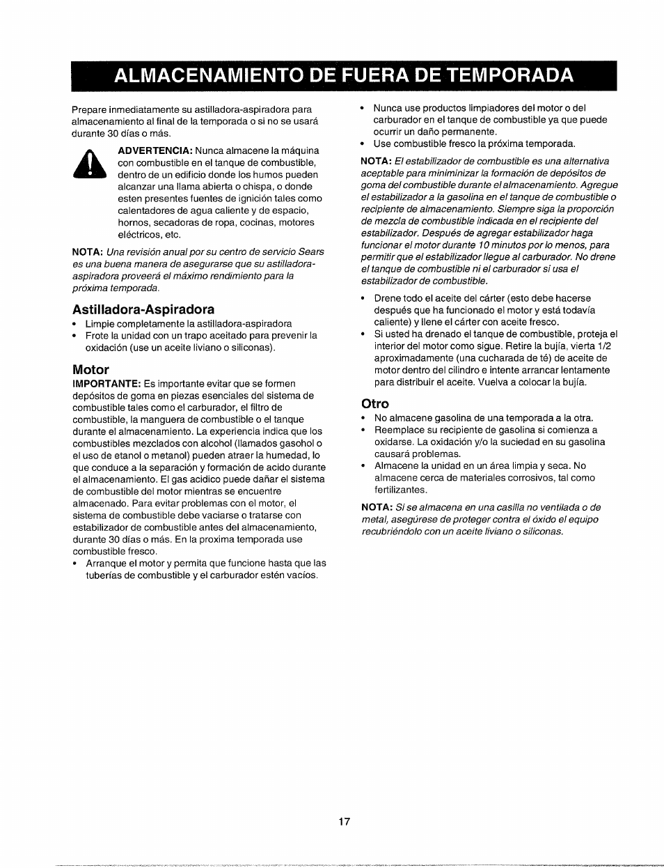 Almacenamiento de fuera de temporada | Bolens 247.77763 User Manual | Page 47 / 48