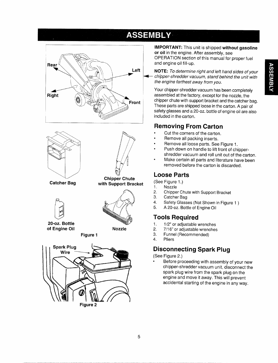 Removing from carton, Loose parts, Tools required | Disconnecting spark plug, Assembly | Bolens 247.77763 User Manual | Page 5 / 48