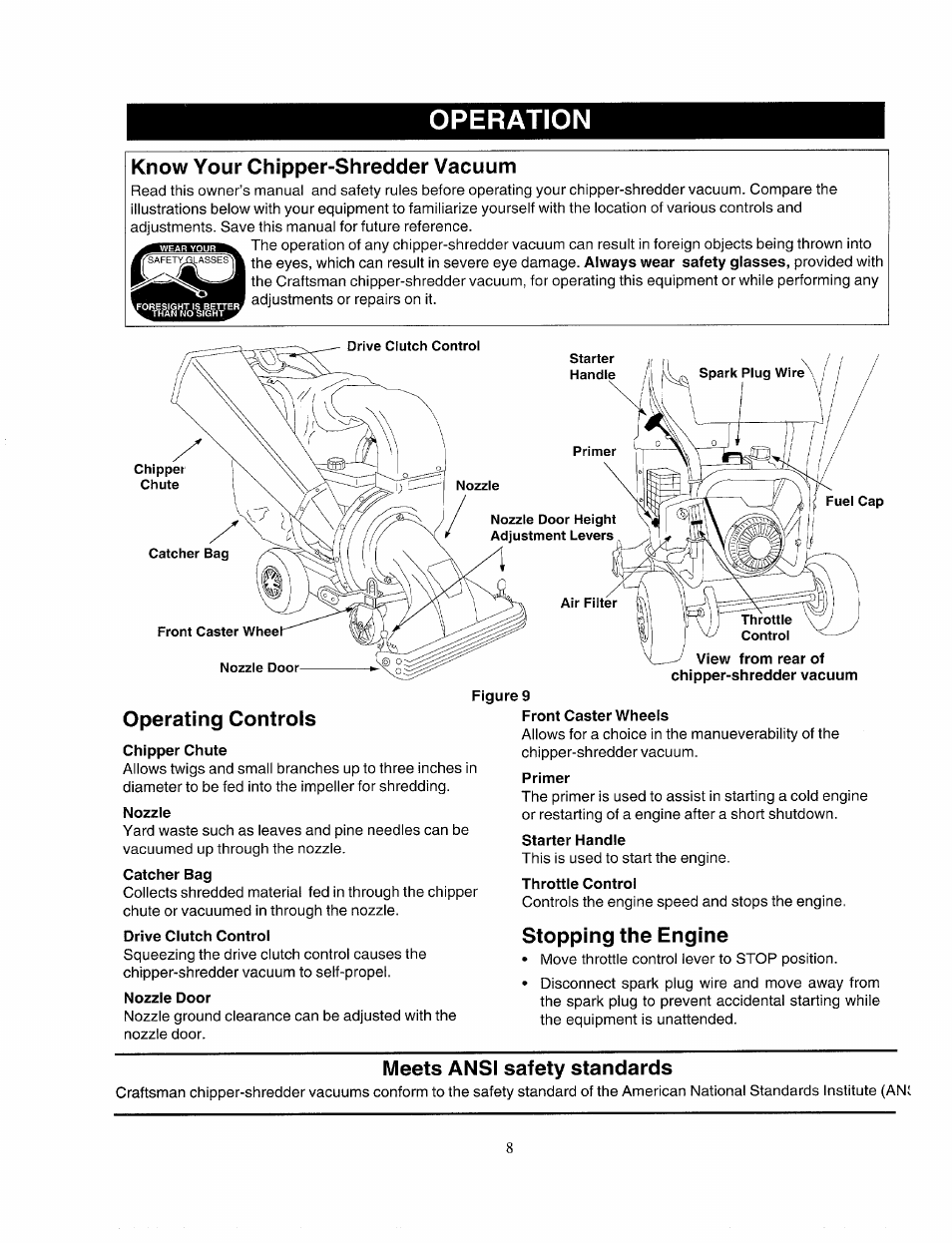 Know your chipper-shredder vacuum, Operating controls, Stopping the engine | Meets ansi safety standards, Operation | Bolens 247.77763 User Manual | Page 8 / 48