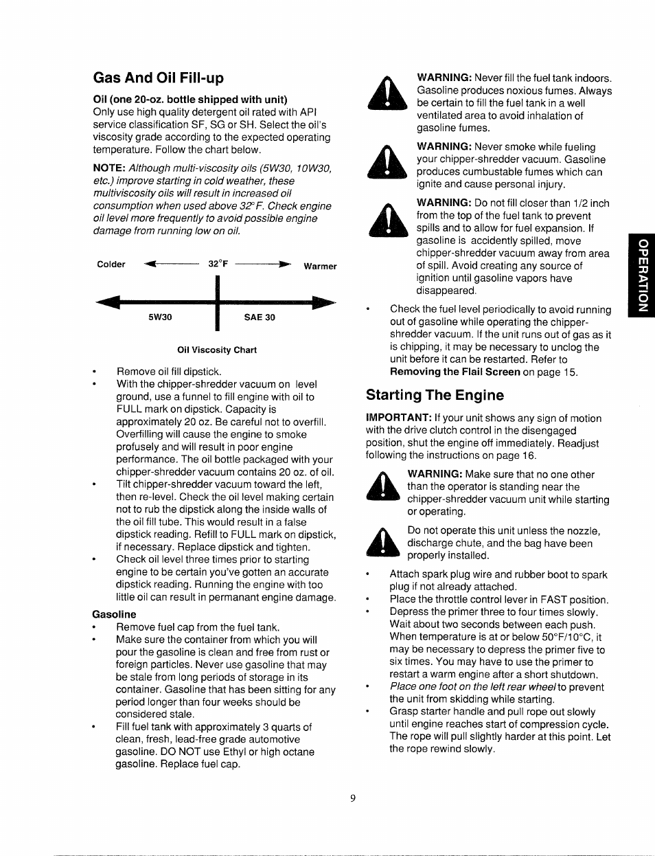Gas and oil fill-up, Starting the engine | Bolens 247.77763 User Manual | Page 9 / 48