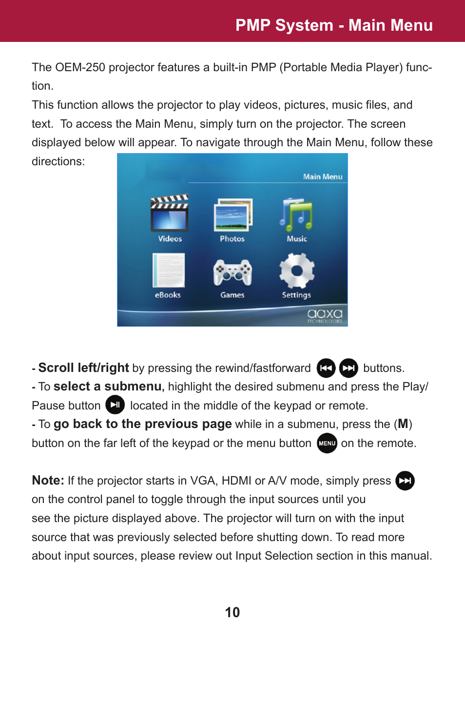 Pmp system - main menu | AAXA Technologies OEM-25 User Manual | Page 11 / 29