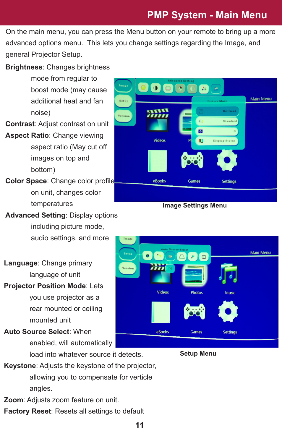 Pmp system - main menu | AAXA Technologies OEM-25 User Manual | Page 12 / 29
