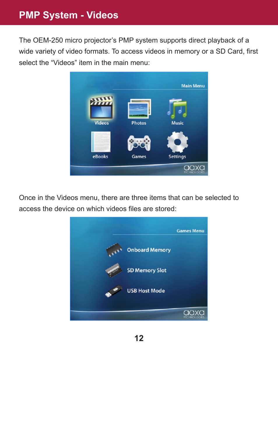 Pmp system - videos | AAXA Technologies OEM-25 User Manual | Page 13 / 29