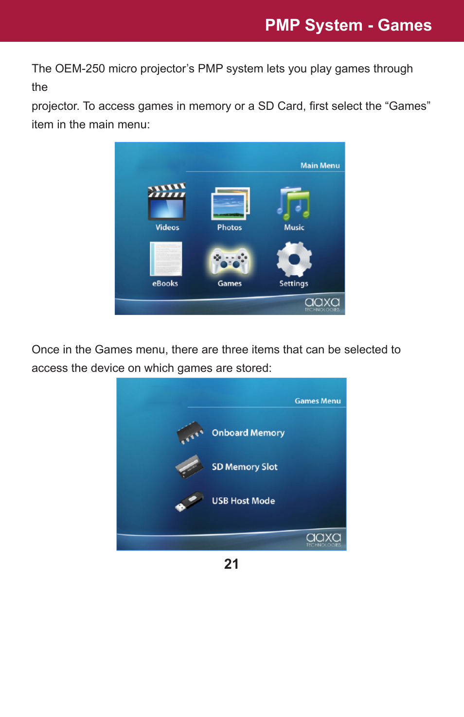 Pmp system - games | AAXA Technologies OEM-25 User Manual | Page 22 / 29