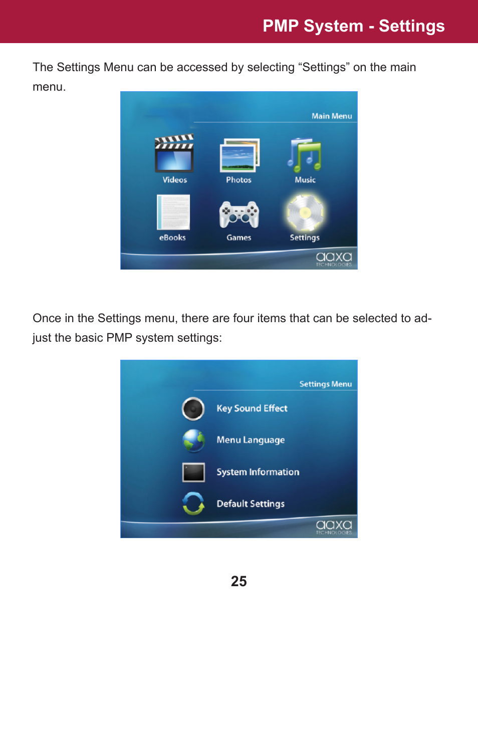 Pmp system - settings | AAXA Technologies OEM-25 User Manual | Page 26 / 29