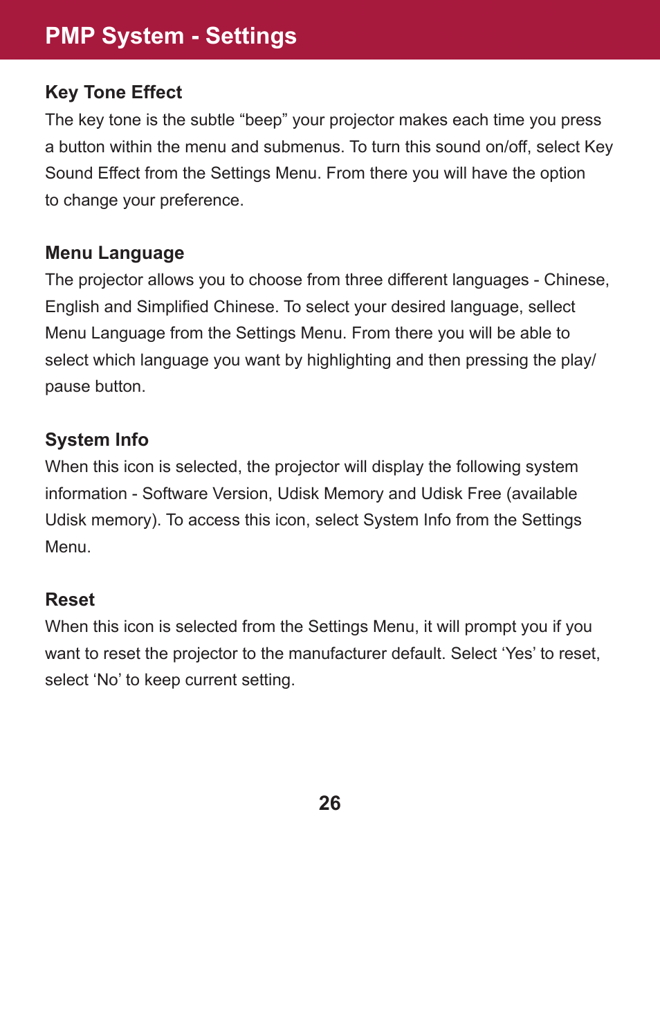 Pmp system - settings | AAXA Technologies OEM-25 User Manual | Page 27 / 29