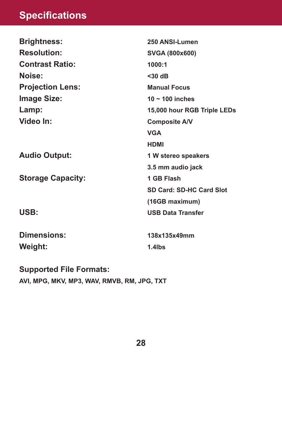 Specifications, Brightness, Resolution | Contrast ratio, Noise, Projection lens, Image size, Lamp, Video in, Audio output | AAXA Technologies OEM-25 User Manual | Page 29 / 29