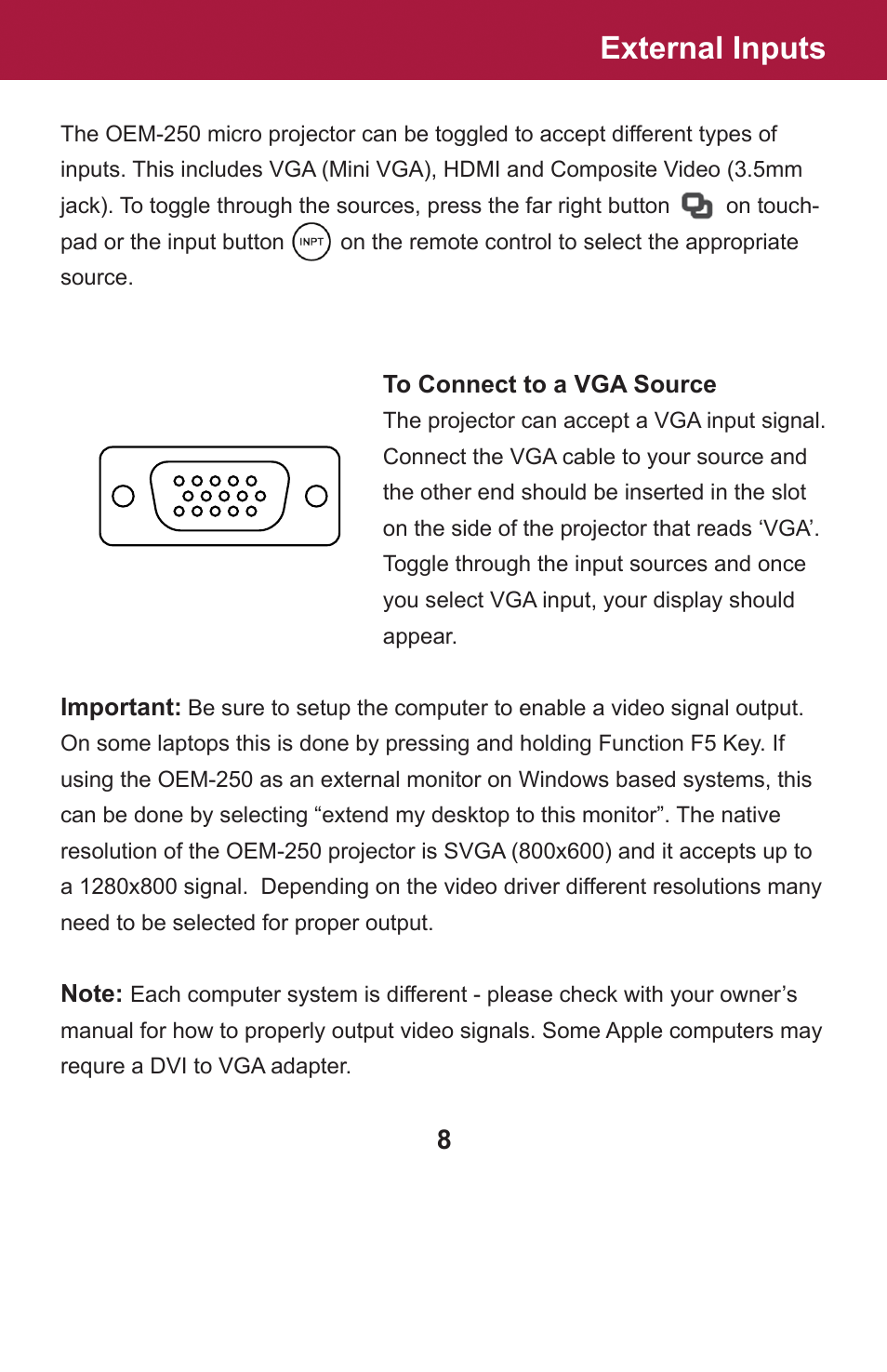 External inputs | AAXA Technologies OEM-25 User Manual | Page 9 / 29
