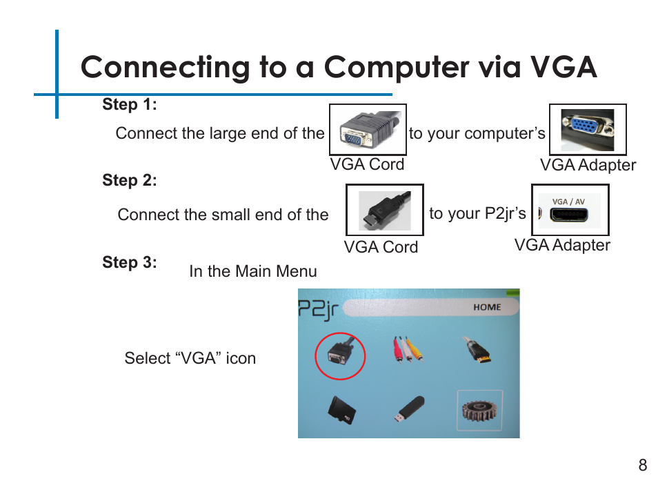 Connecting to a computer via vga | AAXA Technologies P2Jr User Manual | Page 10 / 38