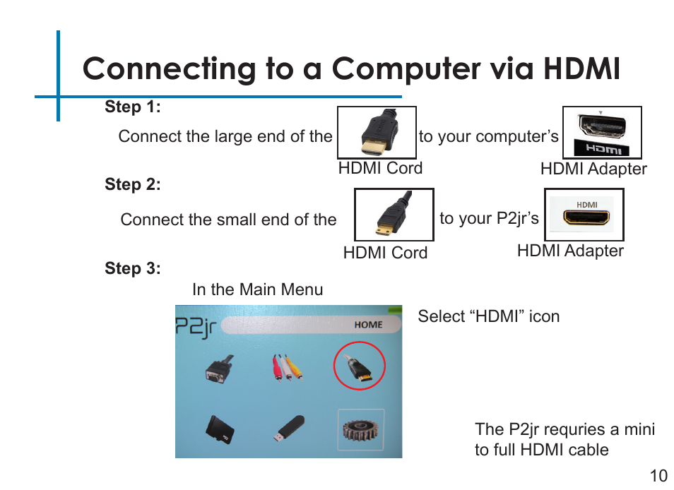 Connecting to a computer via hdmi | AAXA Technologies P2Jr User Manual | Page 12 / 38