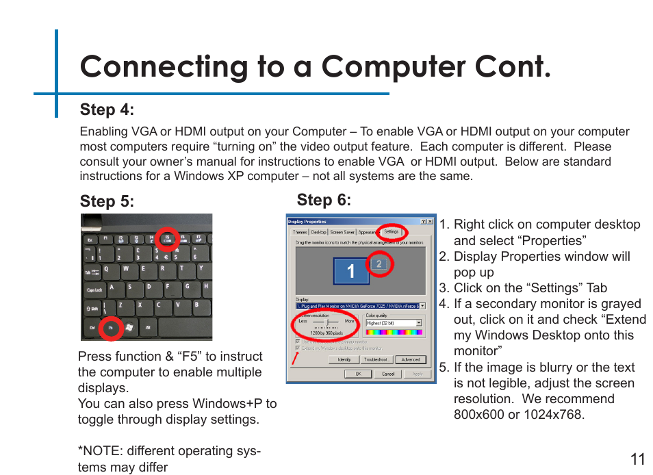 Connecting to a computer cont, Step 4, Step 5 | Step 6: 11 | AAXA Technologies P2Jr User Manual | Page 13 / 38