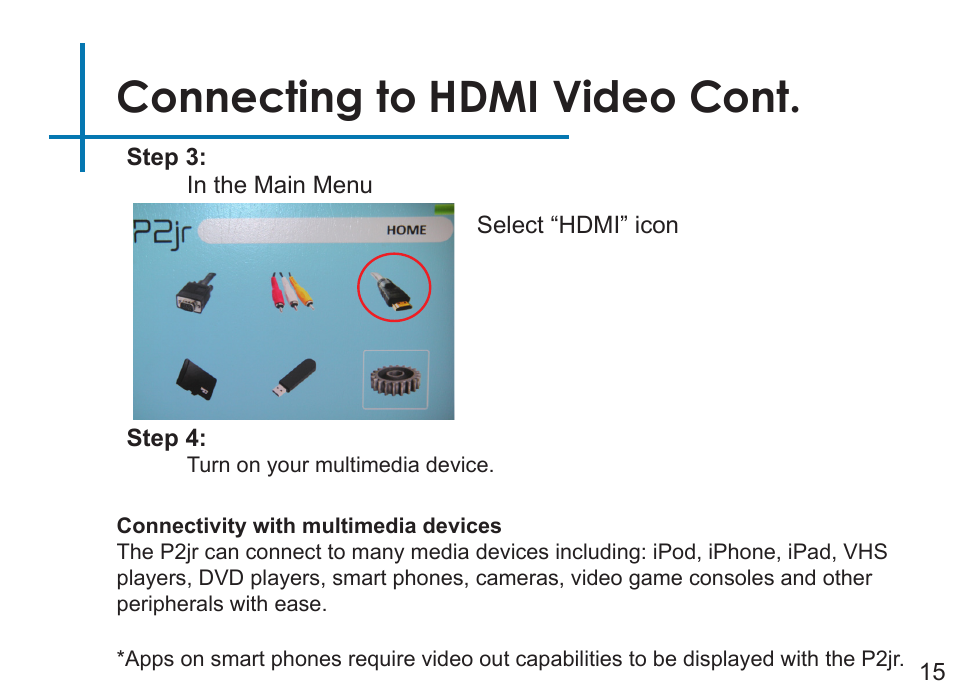 Connecting to hdmi video cont | AAXA Technologies P2Jr User Manual | Page 17 / 38