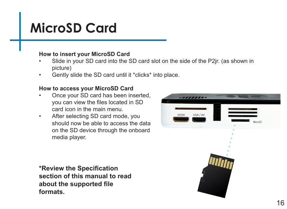 Microsd card | AAXA Technologies P2Jr User Manual | Page 18 / 38