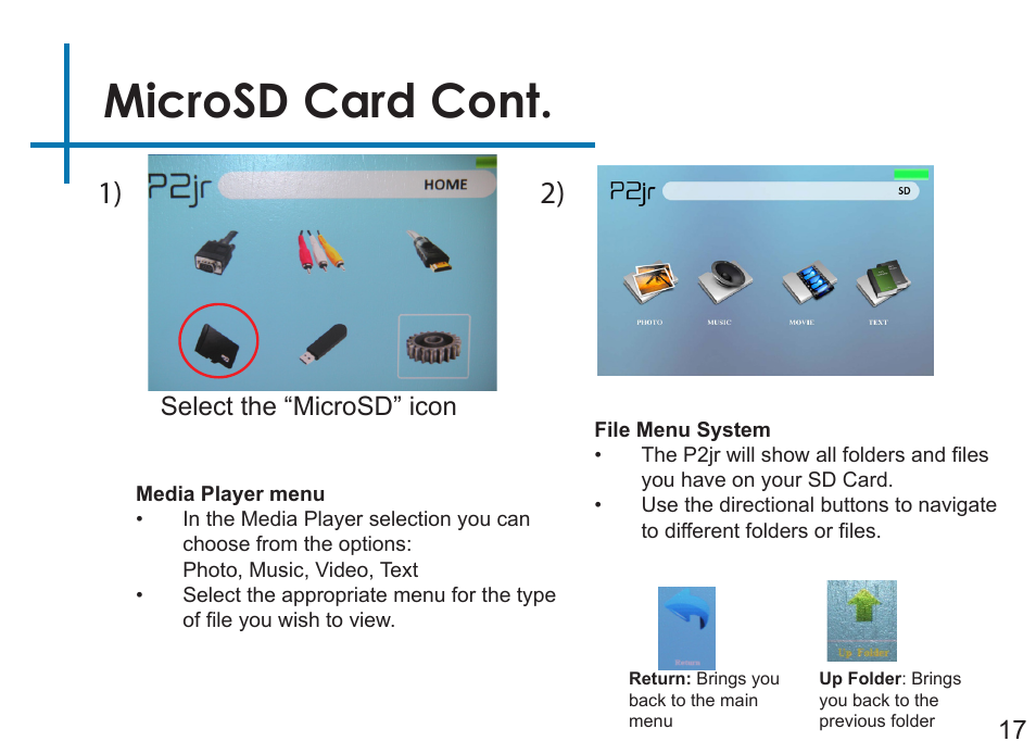 Microsd card cont, Select the “microsd” icon | AAXA Technologies P2Jr User Manual | Page 19 / 38