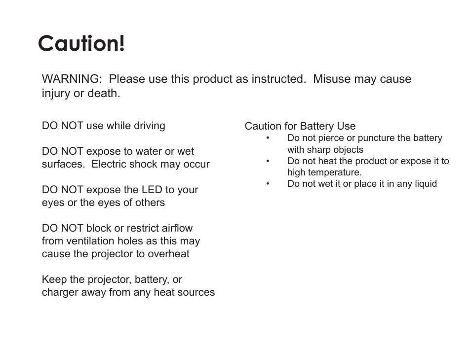 Caution | AAXA Technologies P2Jr User Manual | Page 2 / 38