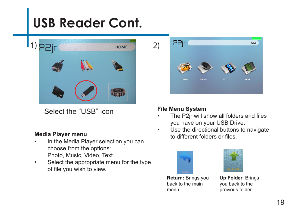 Usb reader cont, Select the “usb” icon | AAXA Technologies P2Jr User Manual | Page 21 / 38