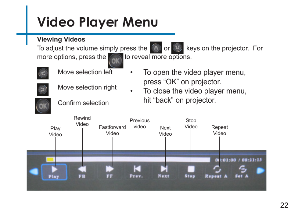 Video player menu | AAXA Technologies P2Jr User Manual | Page 24 / 38