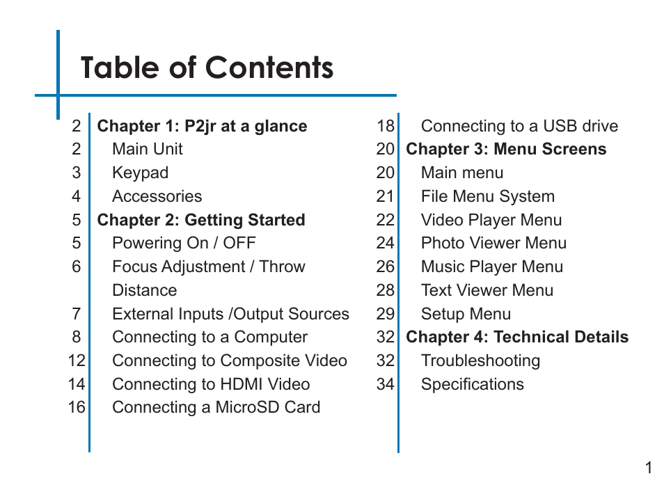 AAXA Technologies P2Jr User Manual | Page 3 / 38