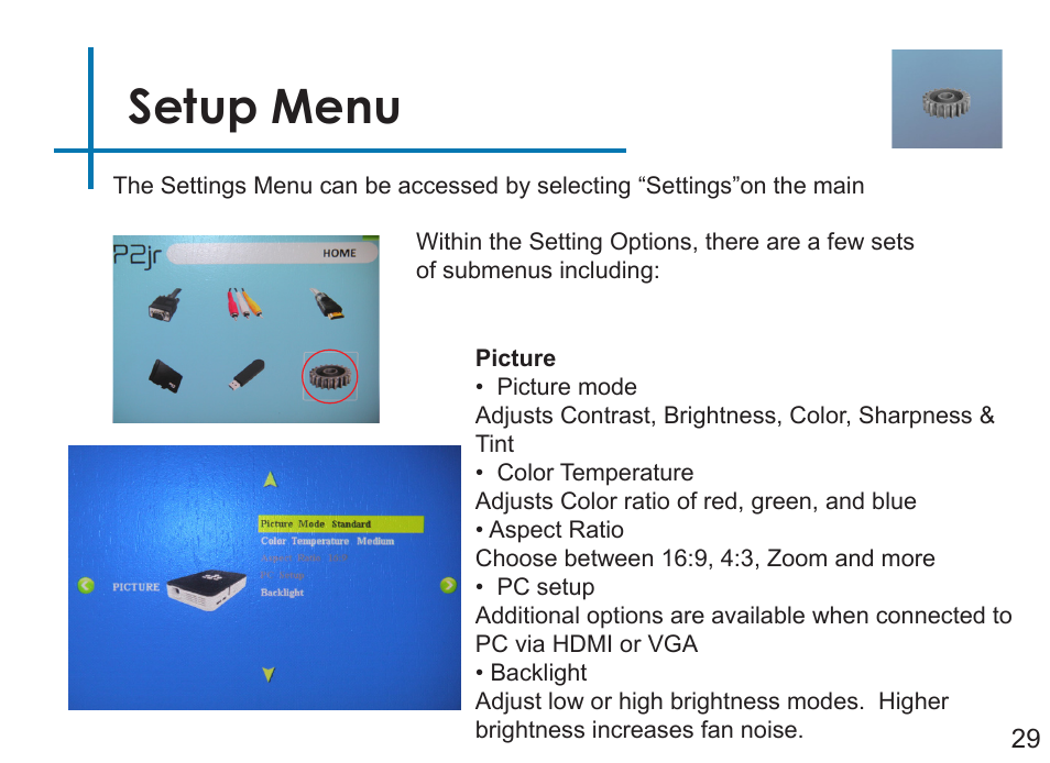 Setup menu | AAXA Technologies P2Jr User Manual | Page 31 / 38
