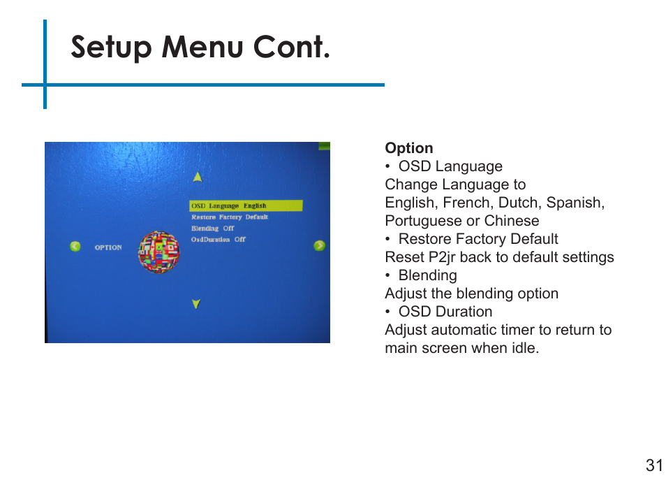 Setup menu cont | AAXA Technologies P2Jr User Manual | Page 33 / 38