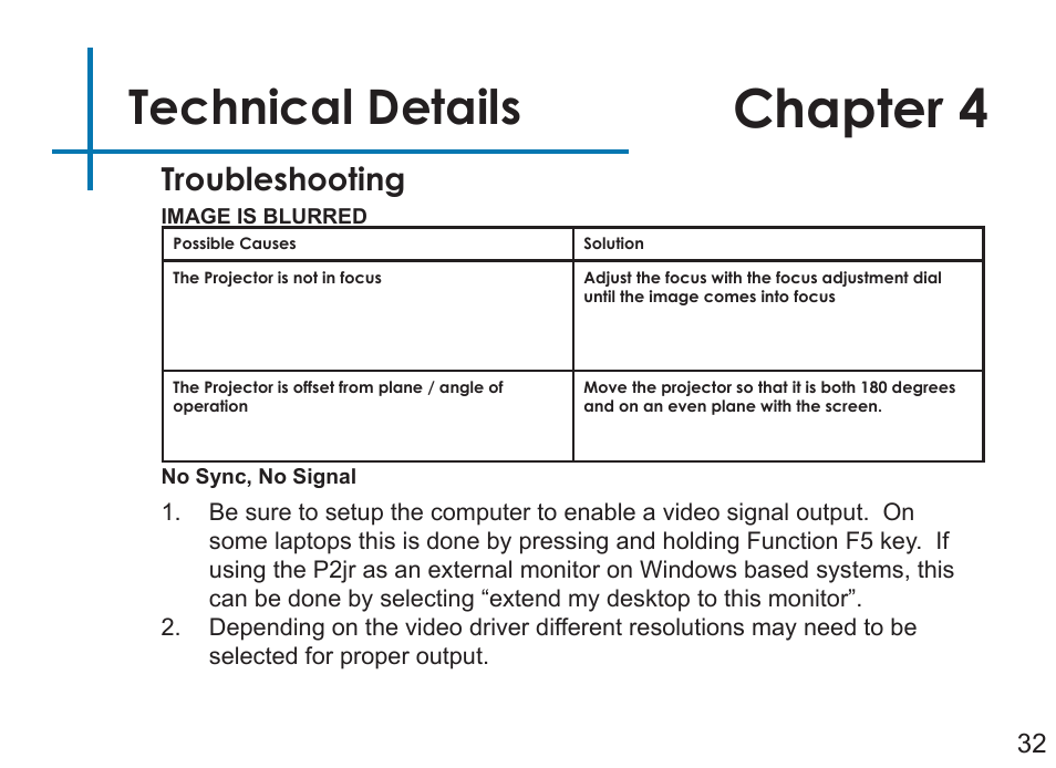 Chapter 4, Technical details, Troubleshooting | AAXA Technologies P2Jr User Manual | Page 34 / 38